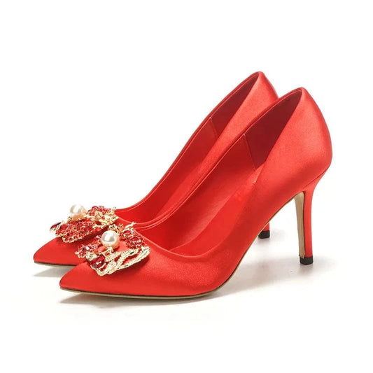 Women New Red Silks Satin Pumps Female Point Toe Rhinestone High Heels Ladies Outside Wedding Dress Sandals