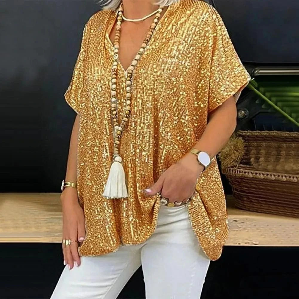 Women New Sequined T-shirt 2024 Summer Fashion Ladies Mid-length Short-sleeved T-shirt Women Sexy Ins Bright Glitter Loose Tops