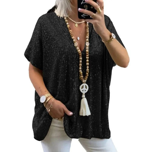 Women New Sequined T-shirt 2024 Summer Fashion Ladies Mid-length Short-sleeved T-shirt Women Sexy Ins Bright Glitter Loose Tops