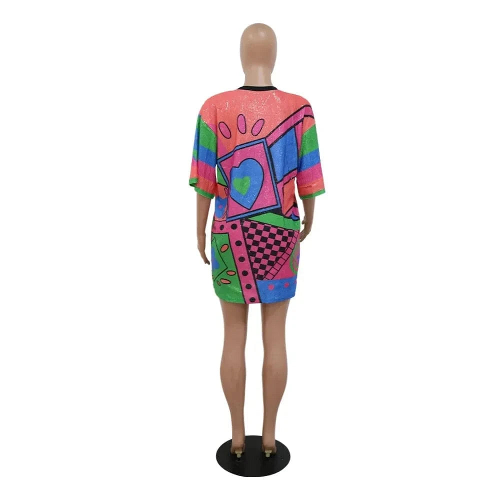 Women O Neck Loose Mini Dress Shirt Fashion Casual Sequined Printed Long Sleeve Party Club Dress