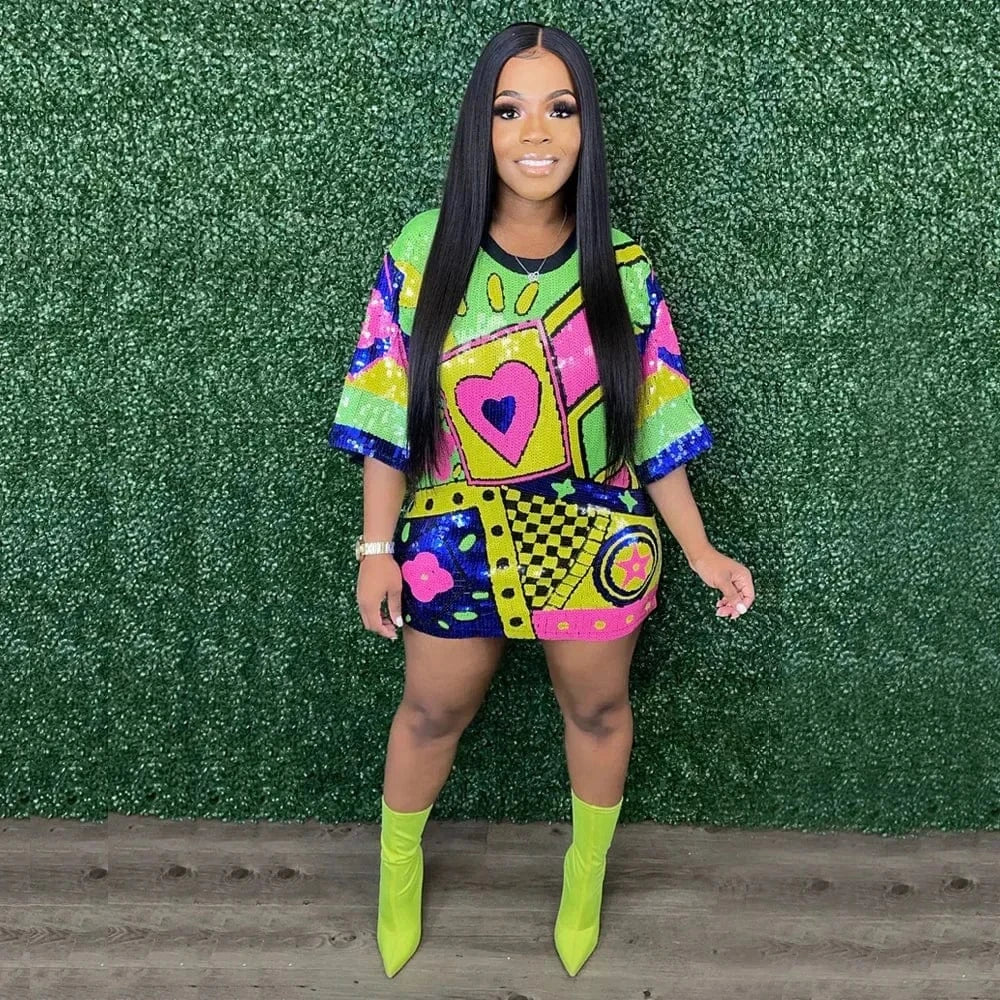 Women O Neck Loose Mini Dress Shirt Fashion Casual Sequined Printed Long Sleeve Party Club Dress