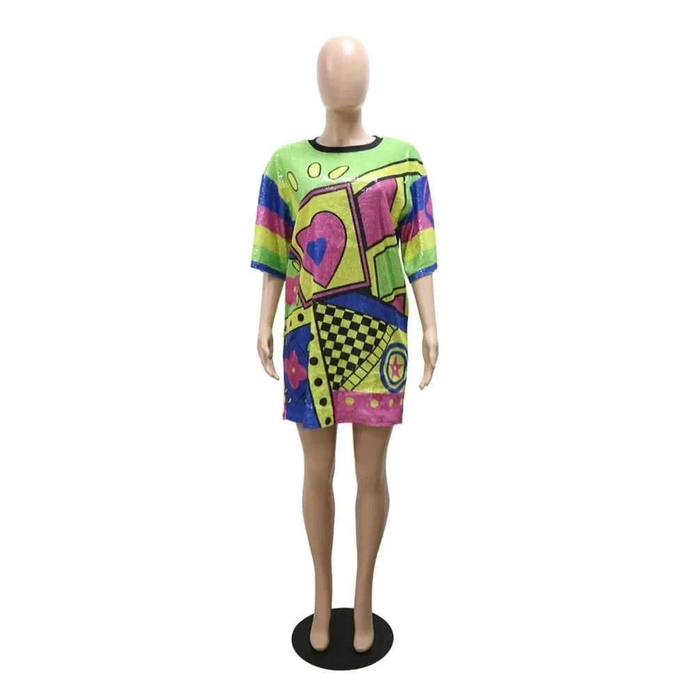 Women O Neck Loose Mini Dress Shirt Fashion Casual Sequined Printed Long Sleeve Party Club Dress