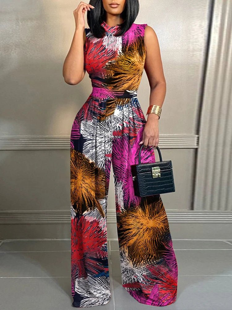 Women Office Lady Wide Leg Pants Summer Printing Jumpsuits Elegant Sleeveless Holiday Ladies Bodysuits Streetwear Dropshipping - SN Wigs & More