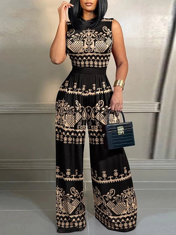 Women Office Lady Wide Leg Pants Summer Printing Jumpsuits Elegant Sleeveless Holiday Ladies Bodysuits Streetwear Dropshipping - SN Wigs & More