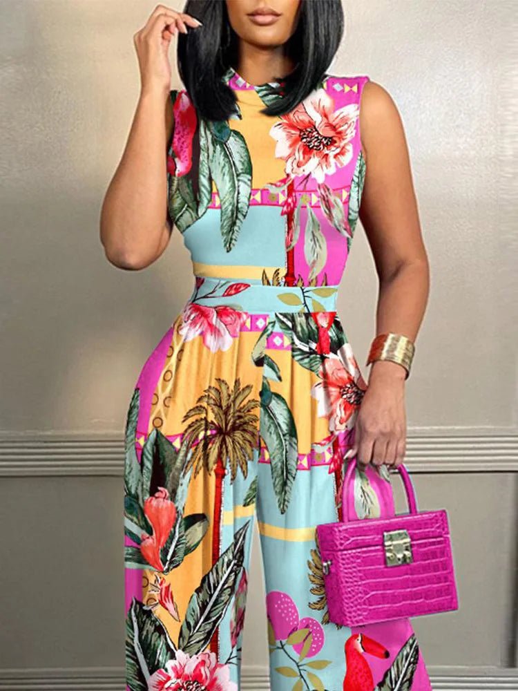 Women Office Lady Wide Leg Pants Summer Printing Jumpsuits Elegant Sleeveless Holiday Ladies Bodysuits Streetwear Dropshipping - SN Wigs & More