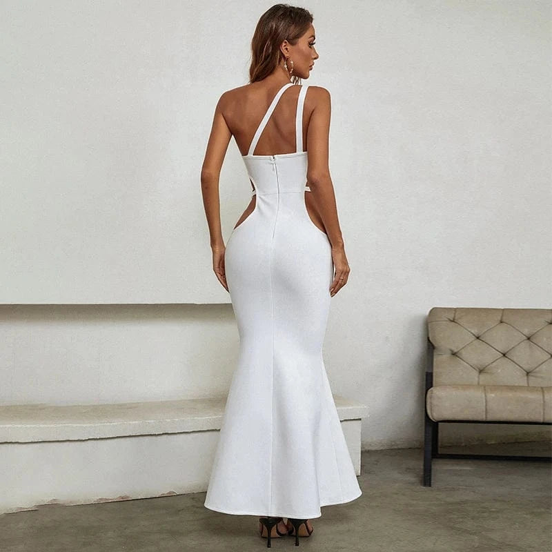Women One Shoulder Long Dress 2024 Sexy White Hollow Out Skinny Fashion Club Celebrity Party Lady Outfits Dresses