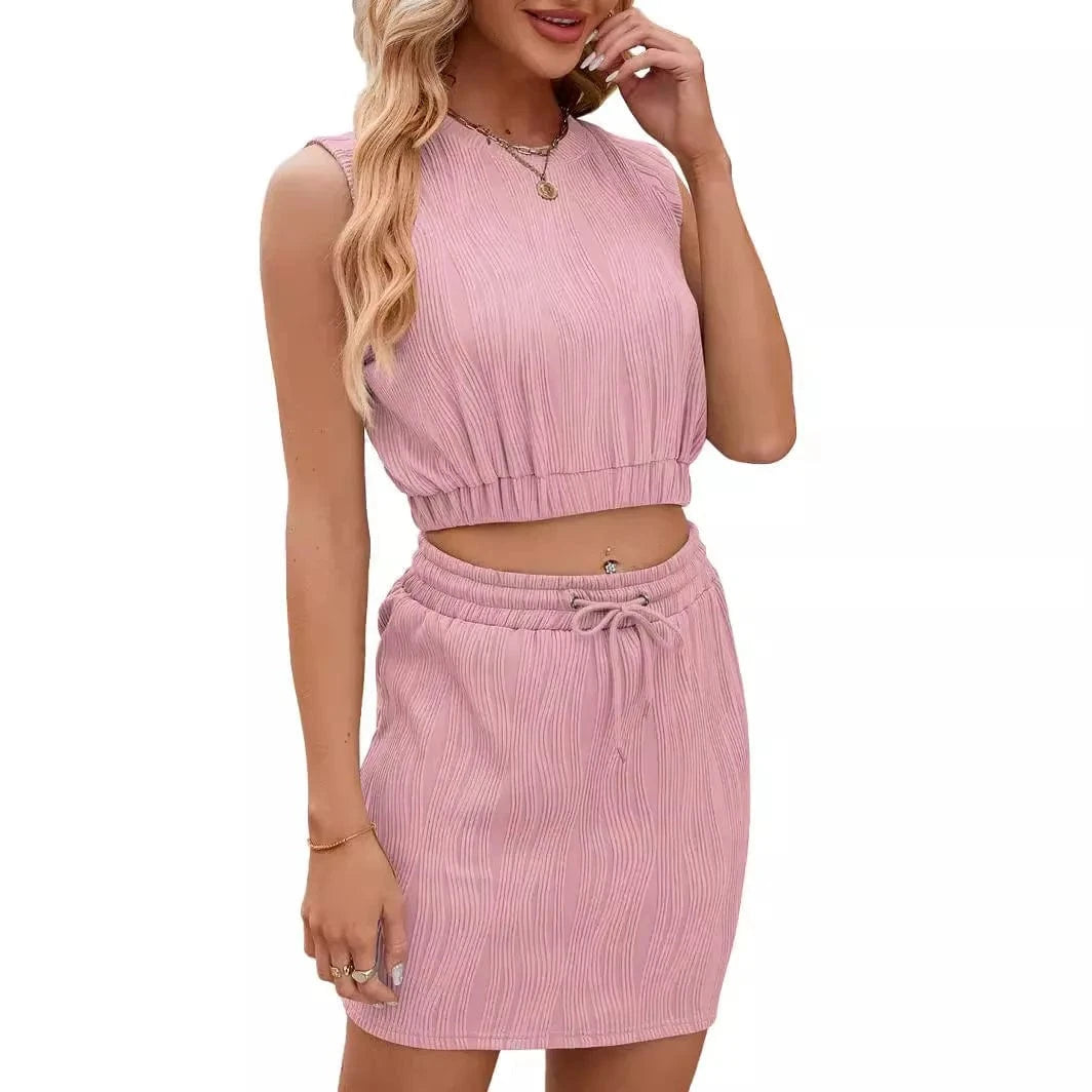 Women Outfits Set Summer Round Neck Sleeveless Tops Drawstring Skirt Elegant Solid Suit elastic waist sleeveless vest for women