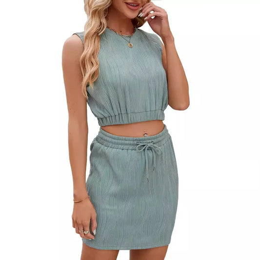 Women Outfits Set Summer Round Neck Sleeveless Tops Drawstring Skirt Elegant Solid Suit elastic waist sleeveless vest for women
