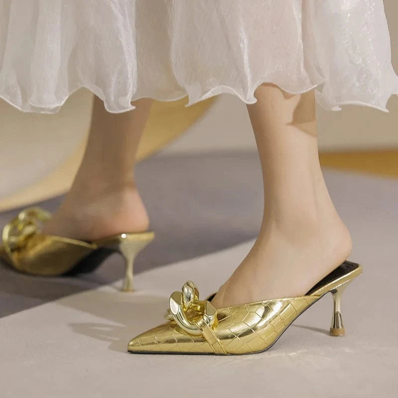 Women Outside Sandal Slipper Summer New Silver Chain Point Toe High Heel Stilettos Slippers