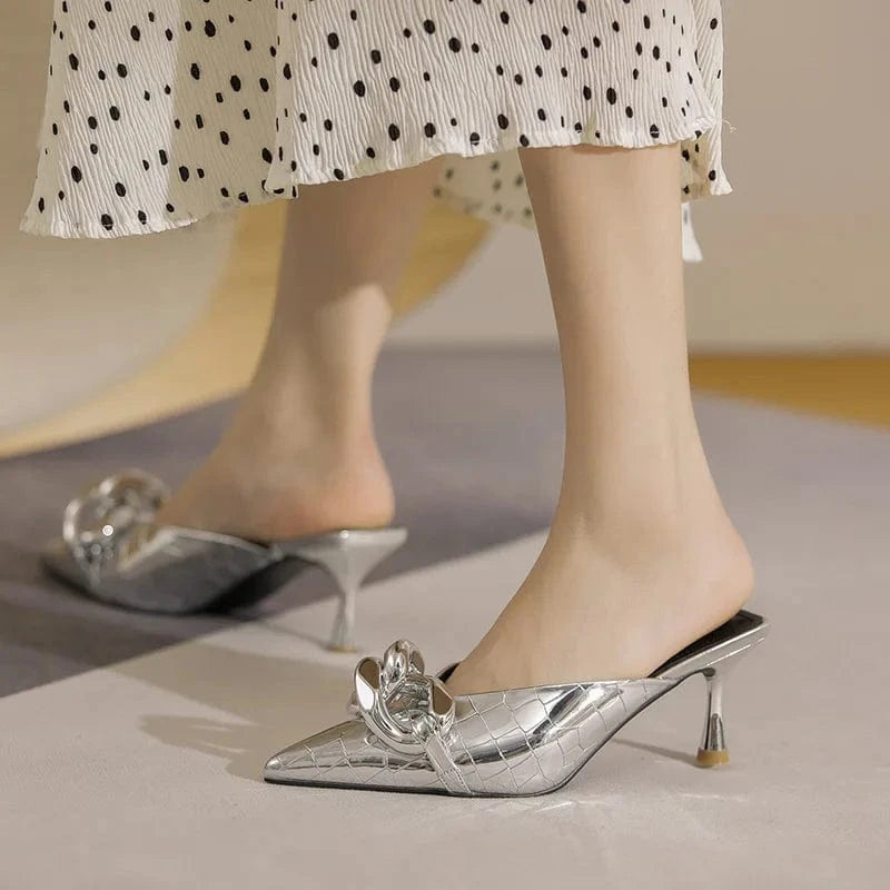 Women Outside Sandal Slipper Summer New Silver Chain Point Toe High Heel Stilettos Slippers