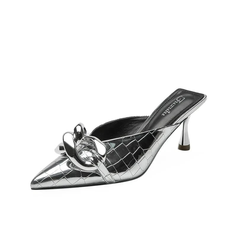 Women Outside Sandal Slipper Summer New Silver Chain Point Toe High Heel Stilettos Slippers