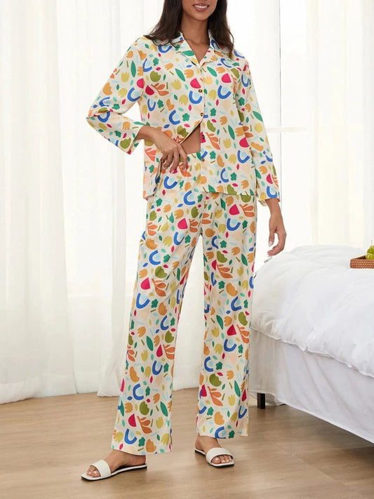 Women Pajamas Set 2 Pieces Loungewear Suits Fashion Print Button up Long Sleeve Tops and Elastic Pants Sleepwear Outfits Pjs