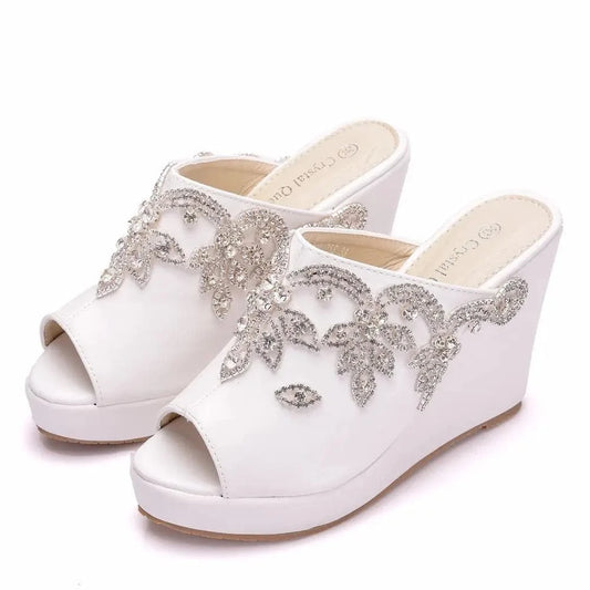 Women Platform Shoes Comfortable Rhinestone Decor White Shoe Open-toe Large Size Wedge Heel Sandals For Ladies Shopping Slippers