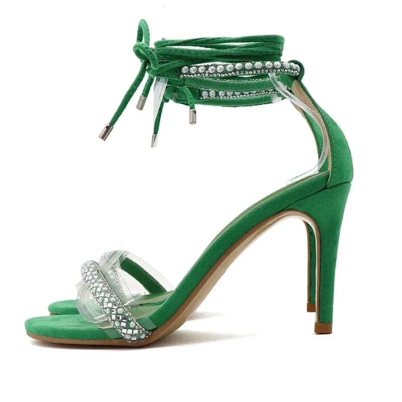 Women Point Toe Suede Cross-tie High Heels Sexy Female Rhinestone Strap Rome Sandals