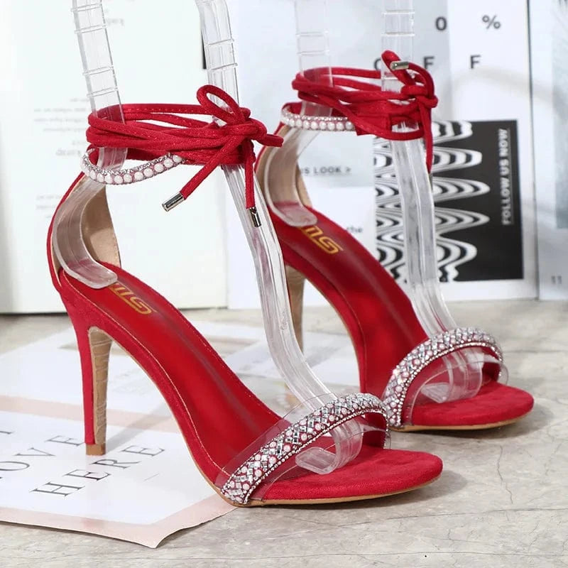 Women Point Toe Suede Cross-tie High Heels Sexy Female Rhinestone Strap Rome Sandals