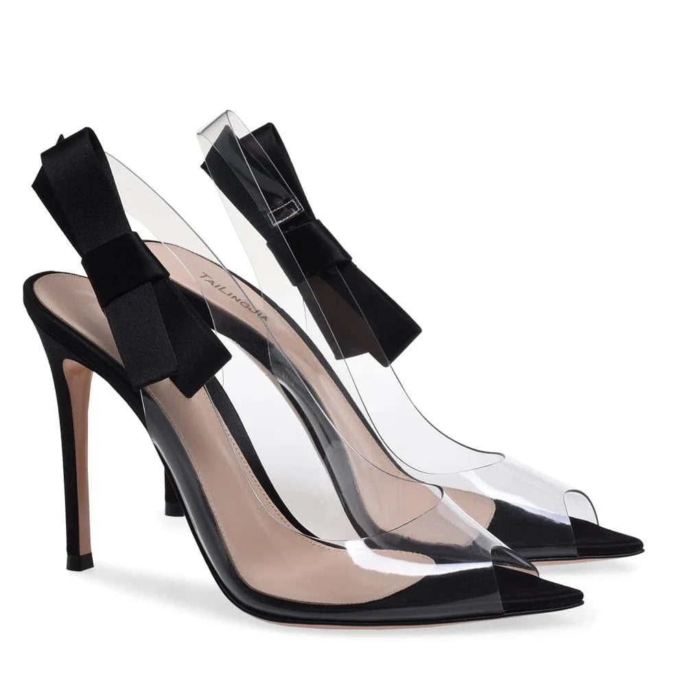 Women Pointed Peep Toe High Heel Pumps Clear Heels With Bow Slingback Transparent Shoes