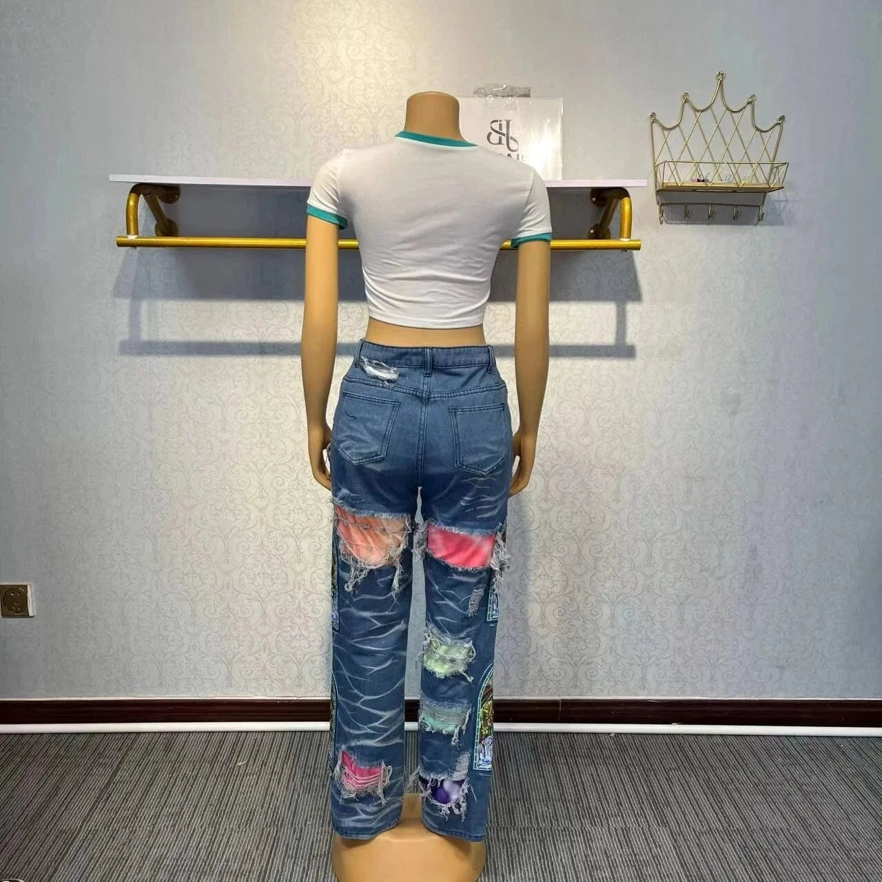 Women Print Ripped Jeans Patchworks Long Casual Denim Holes Trousers