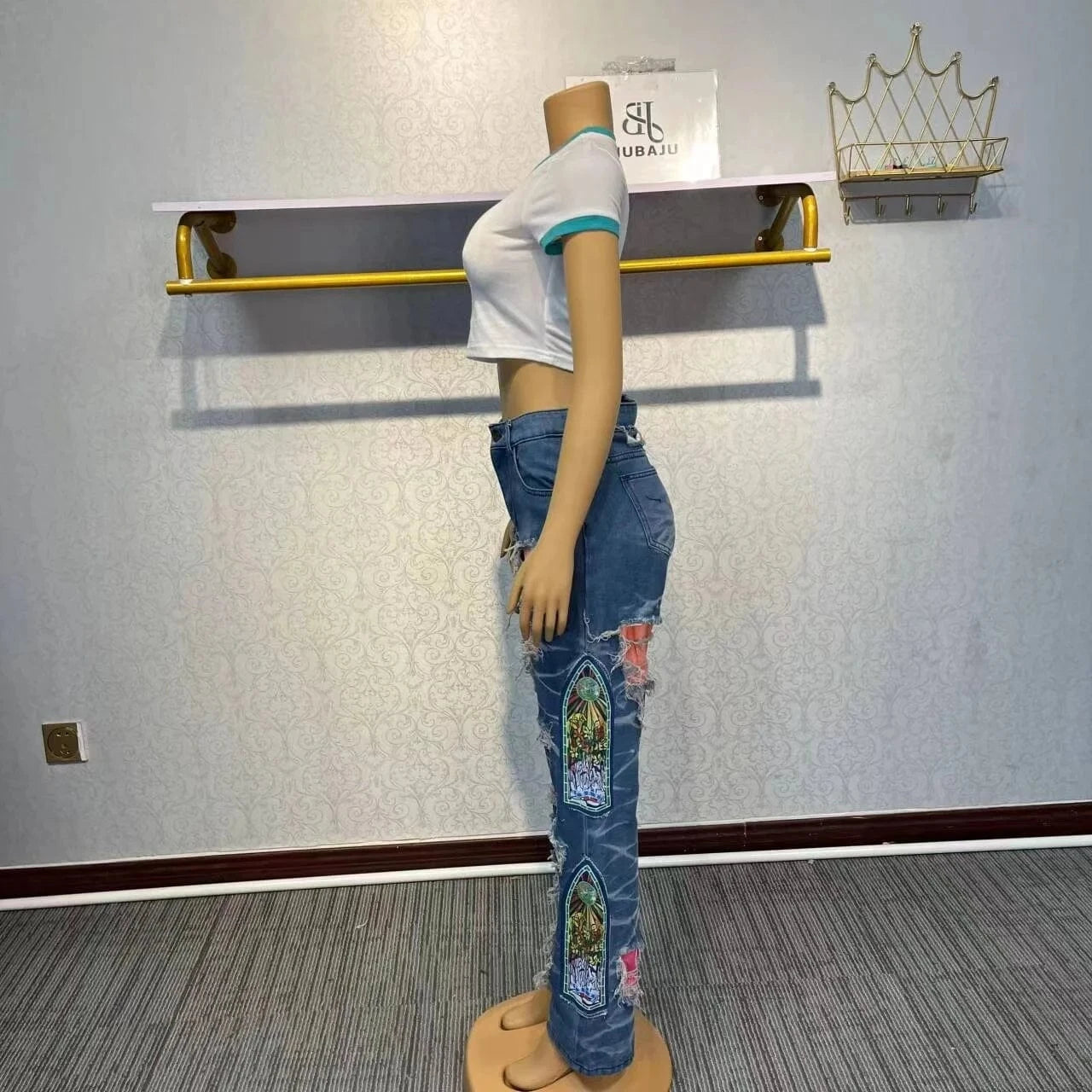 Women Print Ripped Jeans Patchworks Long Casual Denim Holes Trousers