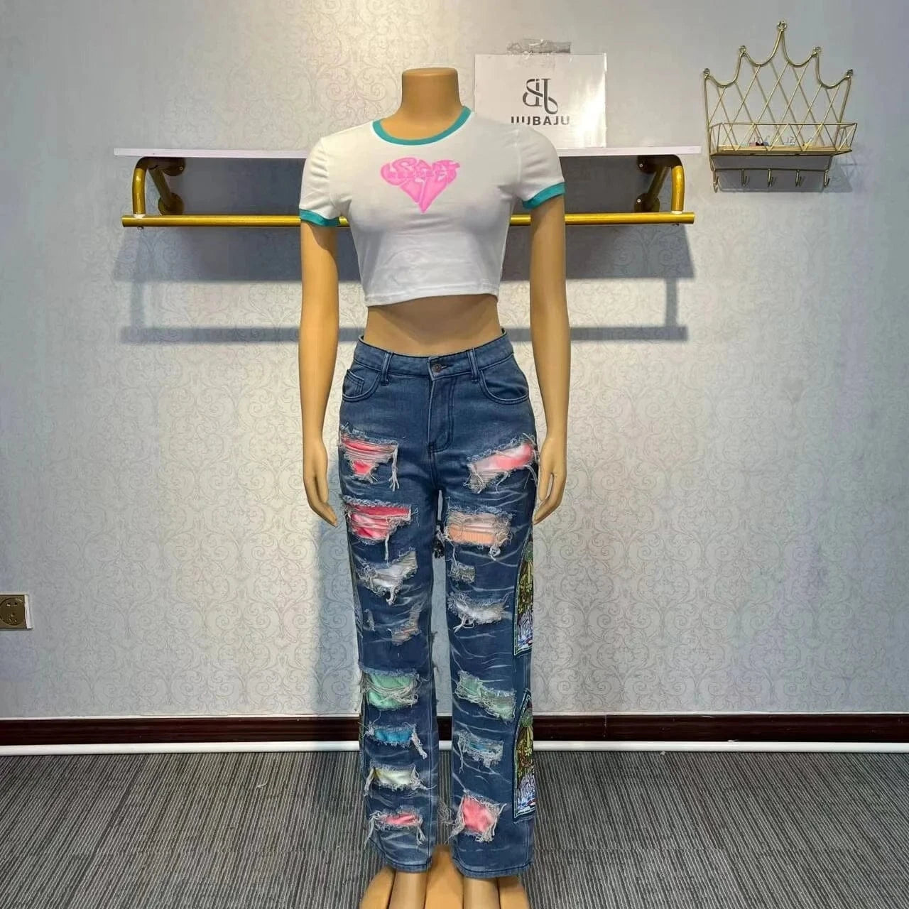 Women Print Ripped Jeans Patchworks Long Casual Denim Holes Trousers