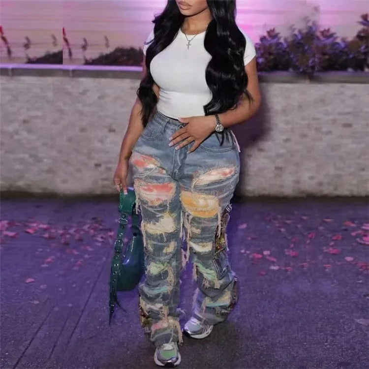 Women Print Ripped Jeans Patchworks Long Casual Denim Holes Trousers