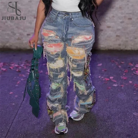 Women Print Ripped Jeans Patchworks Long Casual Denim Holes Trousers
