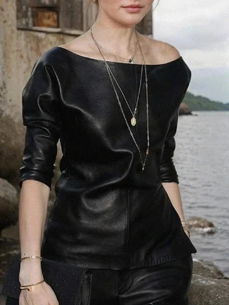 Women PU Leather Round Neck Long Sleeve Blouse Tops Pullover Loose PU Clothes Streetwear Windproof Motorcycle Clothing
