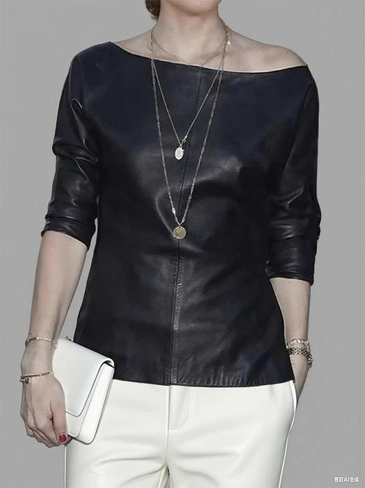 Women PU Leather Round Neck Long Sleeve Blouse Tops Pullover Loose PU Clothes Streetwear Windproof Motorcycle Clothing