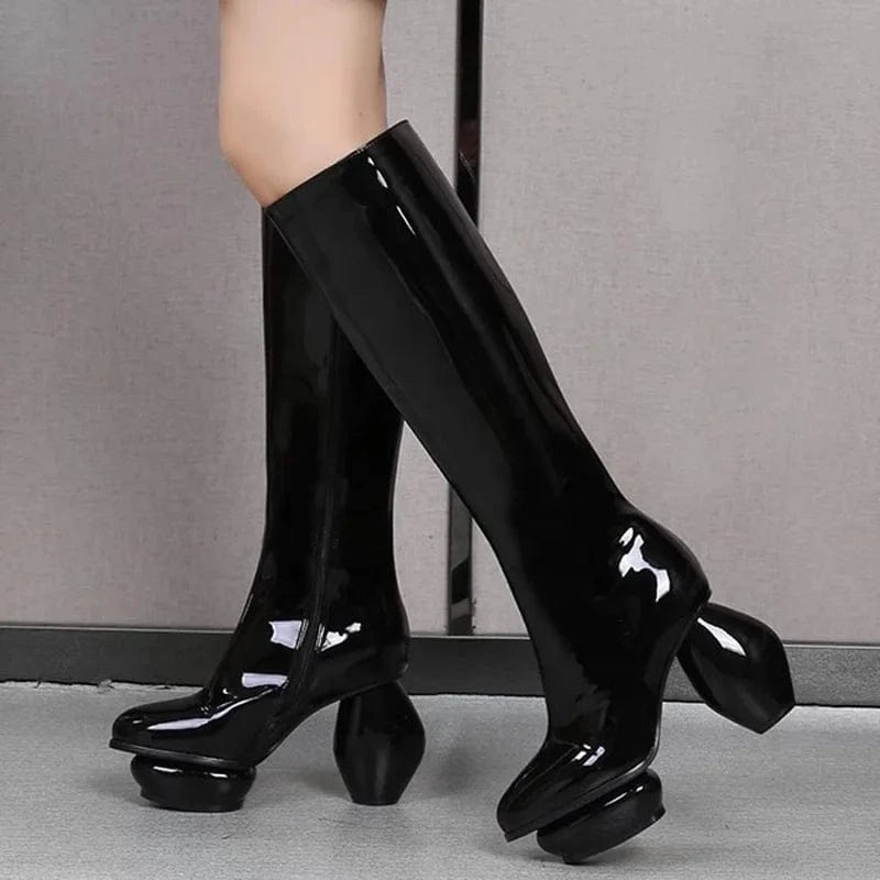 Women Round Ball Heels Silver Patent Knee High Boots Thick Platform Side Zipper Unique Styles Long Booties Custom Design Shoes