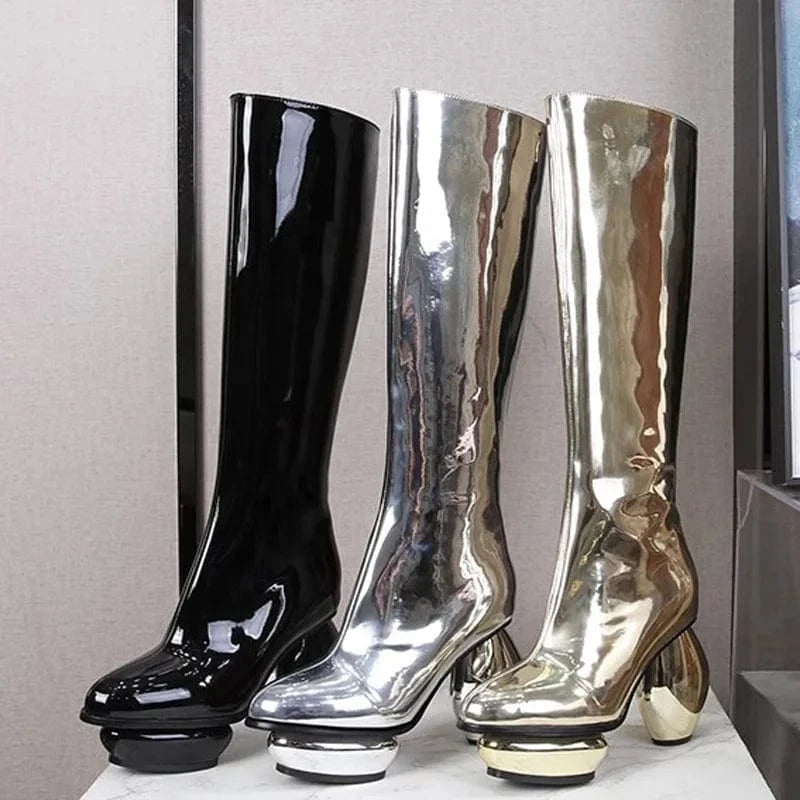 Women Round Ball Heels Silver Patent Knee High Boots Thick Platform Side Zipper Unique Styles Long Booties Custom Design Shoes