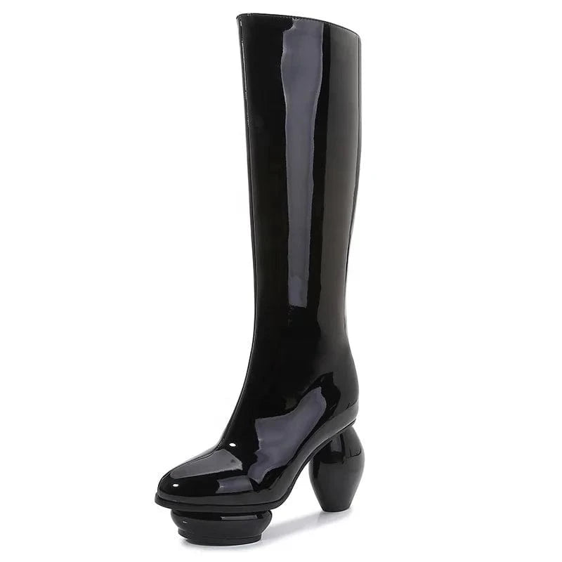 Women Round Ball Heels Silver Patent Knee High Boots Thick Platform Side Zipper Unique Styles Long Booties Custom Design Shoes