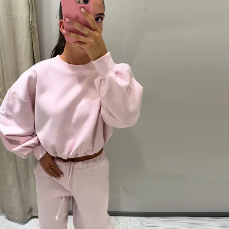 Women Round Neck Short Hoodie Pants Set Solid Color Casual Cozy Sportswear Set Top Trousers Two - piece Set Autumn New Streetwear - SN Wigs & More