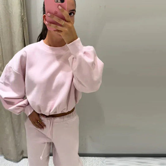 Women Round Neck Short Hoodie Pants Set Solid Color Casual Cozy Sportswear Set Top Trousers Two - piece Set Autumn New Streetwear - SN Wigs & More