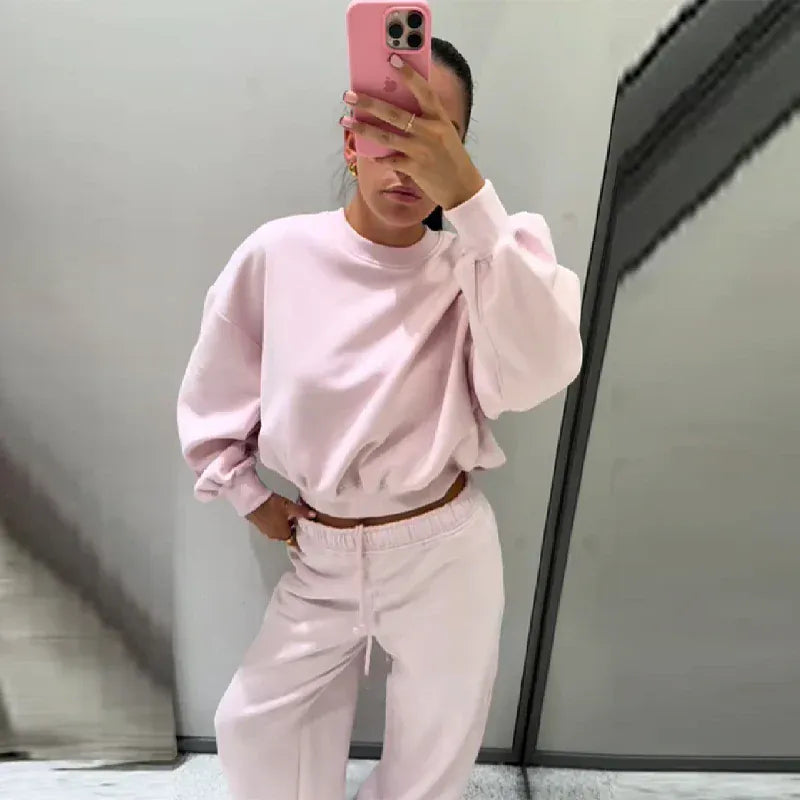 Women Round Neck Short Hoodie Pants Set Solid Color Casual Cozy Sportswear Set Top Trousers Two-piece Set Autumn New Streetwear