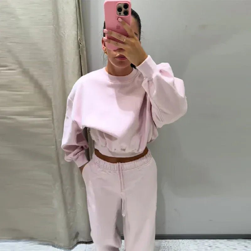 Women Round Neck Short Hoodie Pants Set Solid Color Casual Cozy Sportswear Set Top Trousers Two - piece Set Autumn New Streetwear - SN Wigs & More