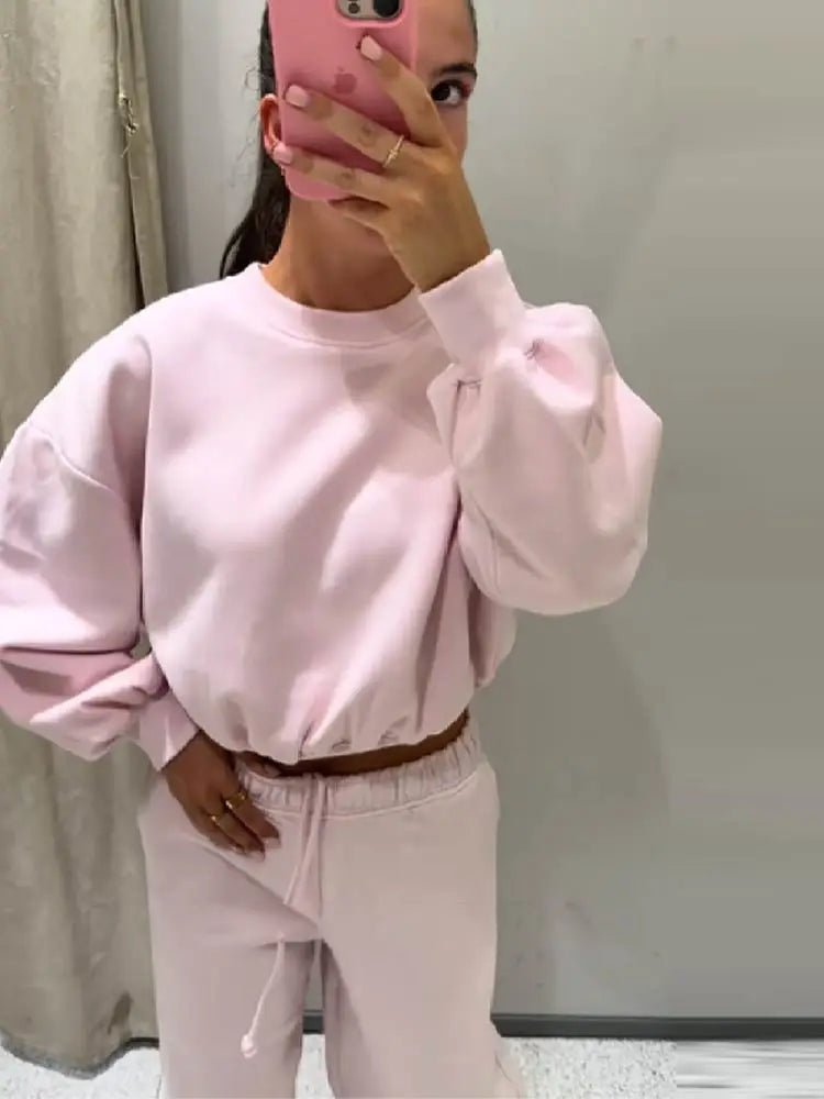 Women Round Neck Short Hoodie Pants Set Solid Color Casual Cozy Sportswear Set Top Trousers Two - piece Set Autumn New Streetwear - SN Wigs & More