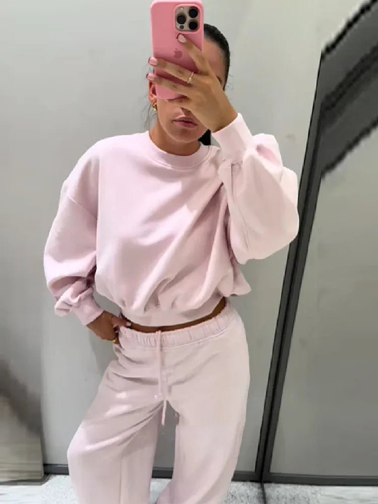 Women Round Neck Short Hoodie Pants Set Solid Color Casual Cozy Sportswear Set Top Trousers Two - piece Set Autumn New Streetwear - SN Wigs & More