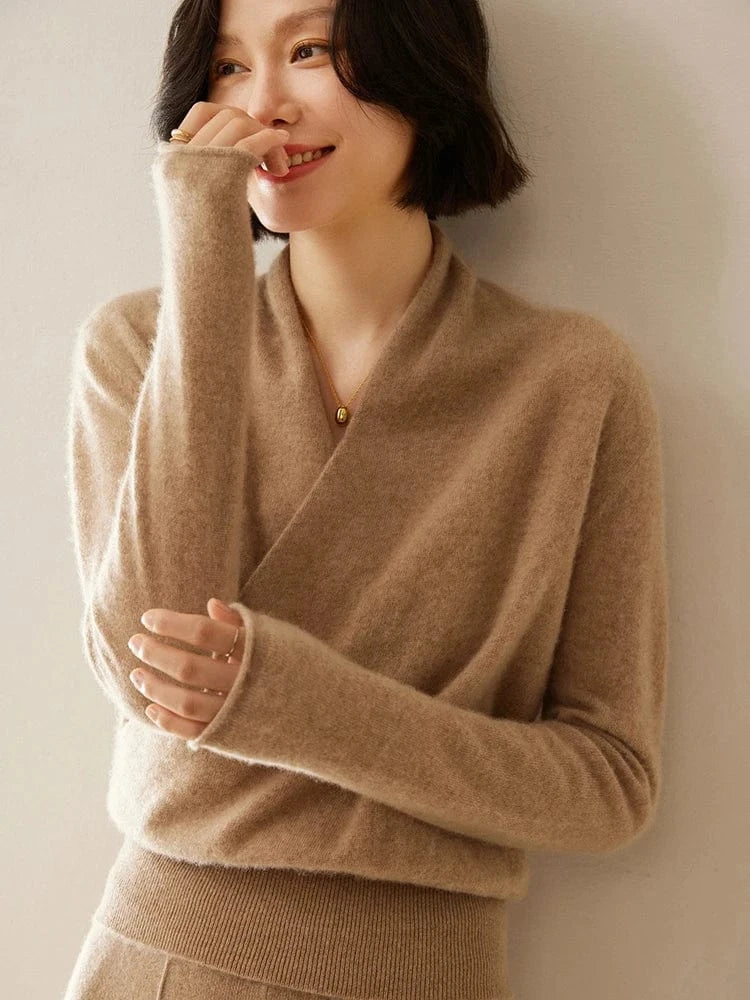 Women's 100% Cashmere Sweater Crossover Collar Pullover Office Lady Basic Grace Cashmere Knitwear Autumn Winter Tops