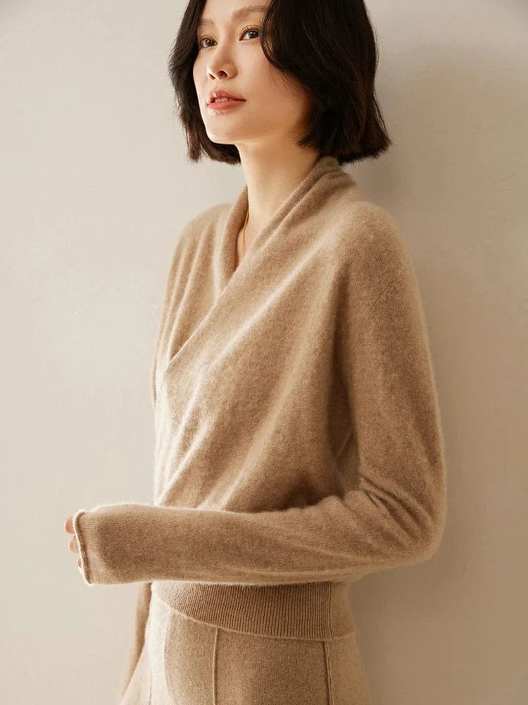 Women's 100% Cashmere Sweater Crossover Collar Pullover Office Lady Basic Grace Cashmere Knitwear Autumn Winter Tops