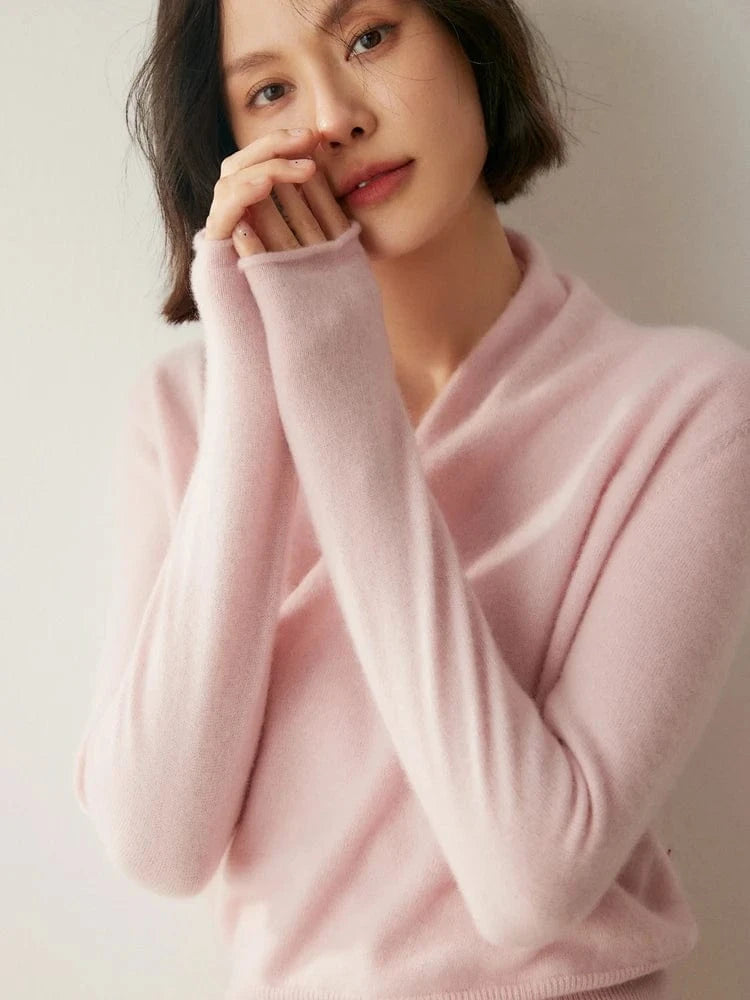 Women's 100% Cashmere Sweater Crossover Collar Pullover Office Lady Basic Grace Cashmere Knitwear Autumn Winter Tops