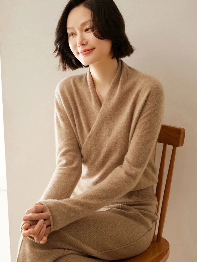 Women's 100% Cashmere Sweater Crossover Collar Pullover Office Lady Basic Grace Cashmere Knitwear Autumn Winter Tops