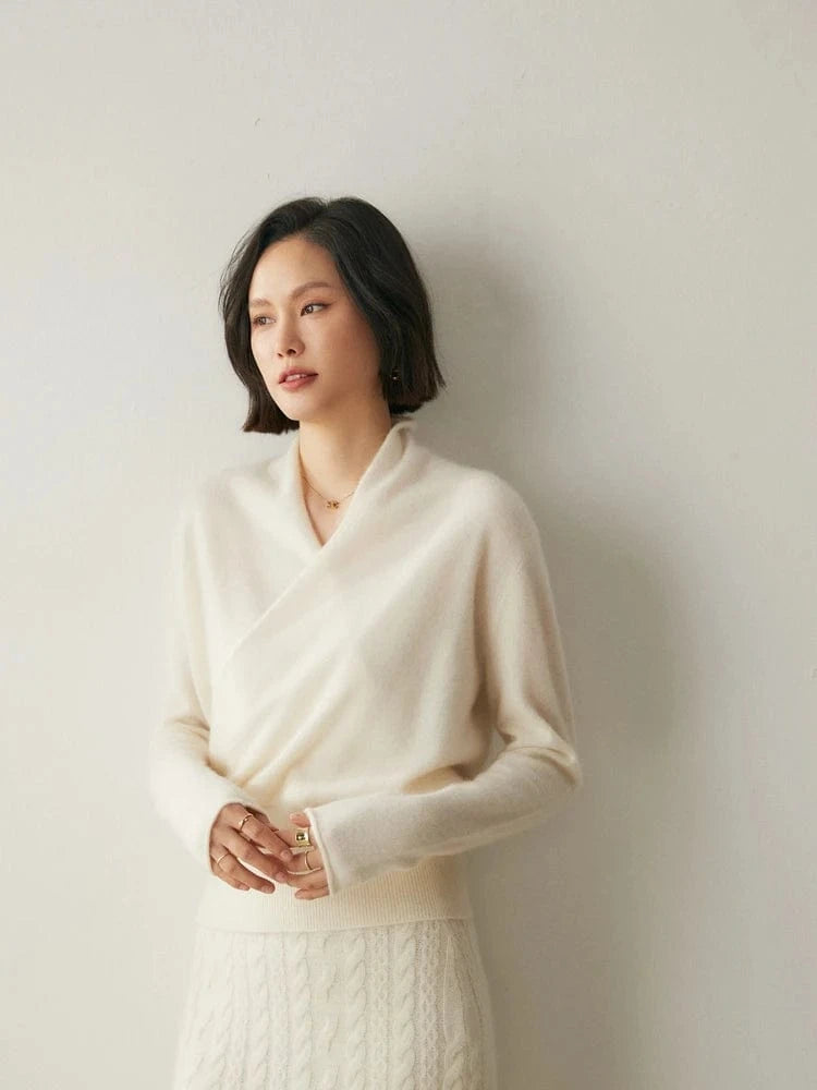 Women's 100% Cashmere Sweater Crossover Collar Pullover Office Lady Basic Grace Cashmere Knitwear Autumn Winter Tops