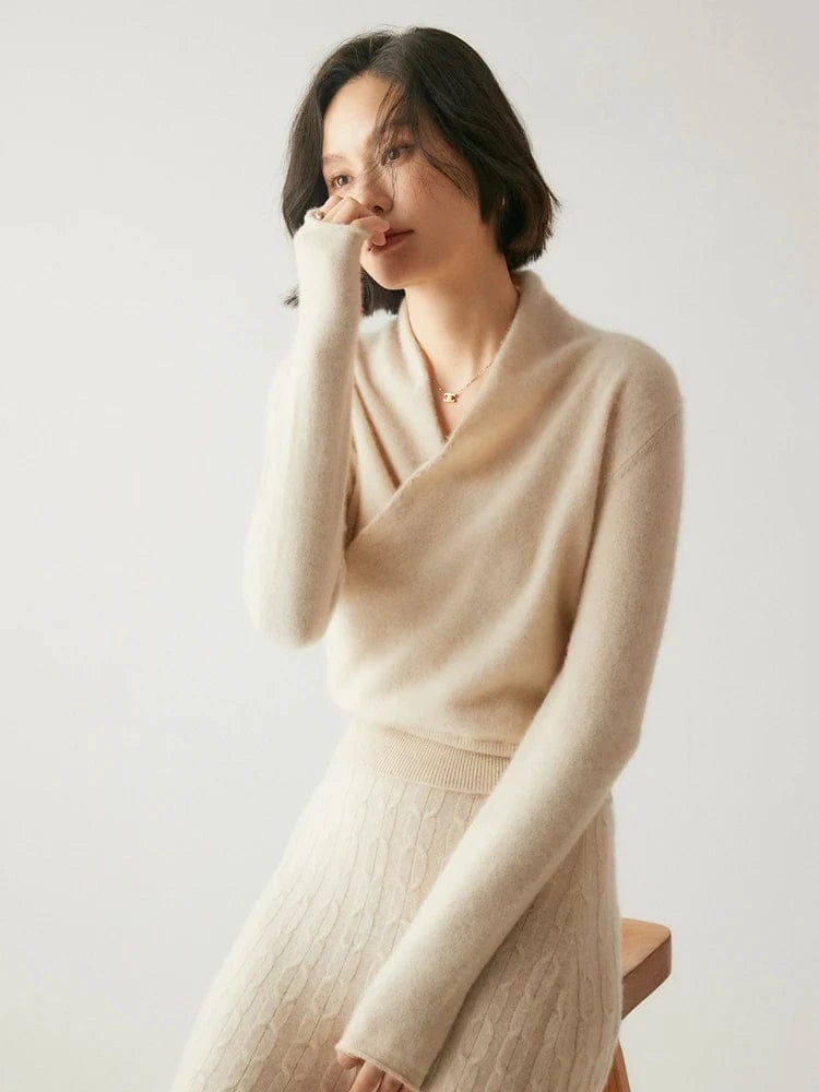 Women's 100% Cashmere Sweater Crossover Collar Pullover Office Lady Basic Grace Cashmere Knitwear Autumn Winter Tops