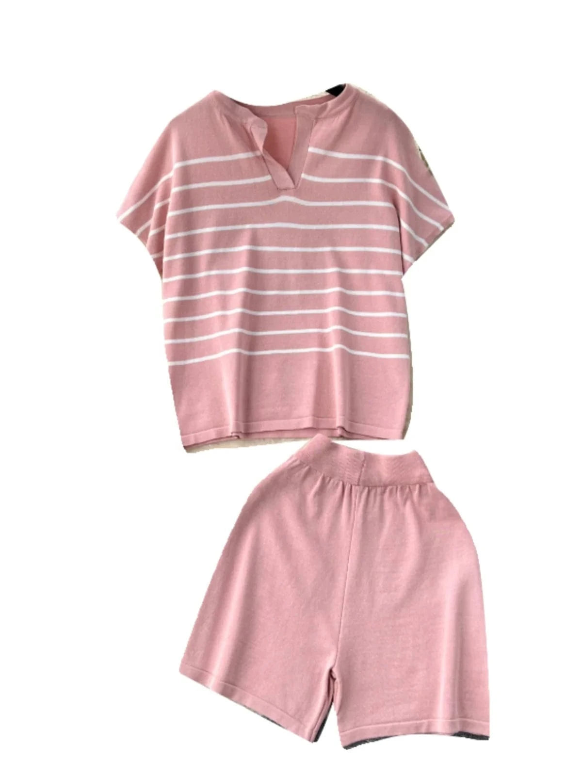 Women's 2024 New Spring summer Casual Set Striped Knitwear Loose and Versatile Wide Leg Shorts Two Piece Set