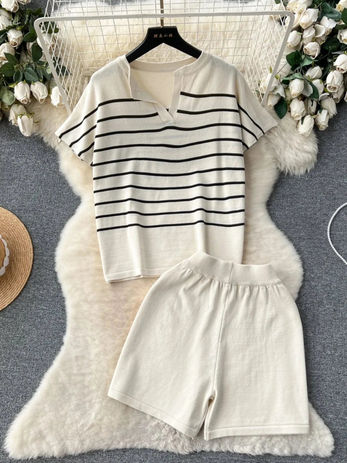 Women's 2024 New Spring summer Casual Set Striped Knitwear Loose and Versatile Wide Leg Shorts Two Piece Set