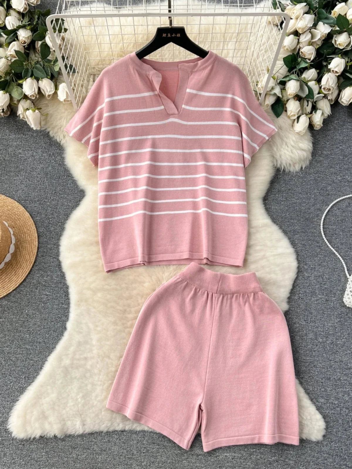 Women's 2024 New Spring summer Casual Set Striped Knitwear Loose and Versatile Wide Leg Shorts Two Piece Set