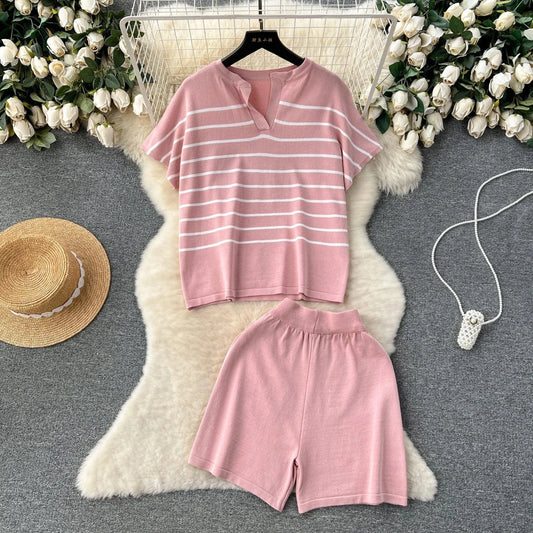 Women's 2024 New Spring summer Casual Set Striped Knitwear Loose and Versatile Wide Leg Shorts Two Piece Set
