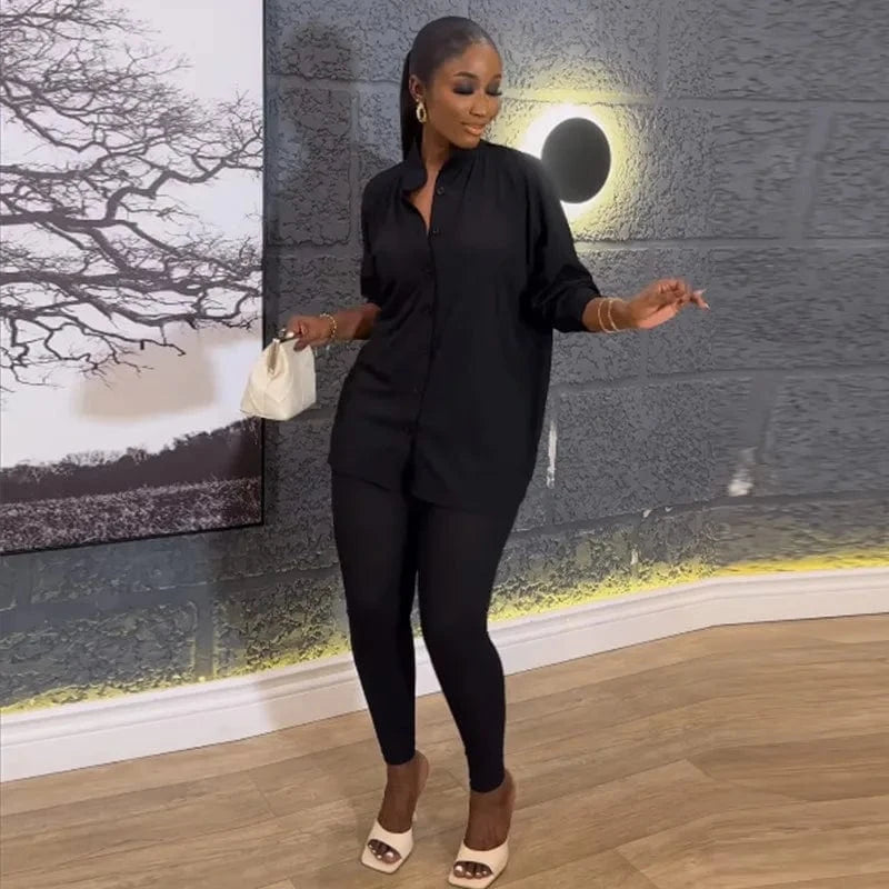 women's 2024 summer loose long sleeve shirt high waist trousers two pieces set women's clothing