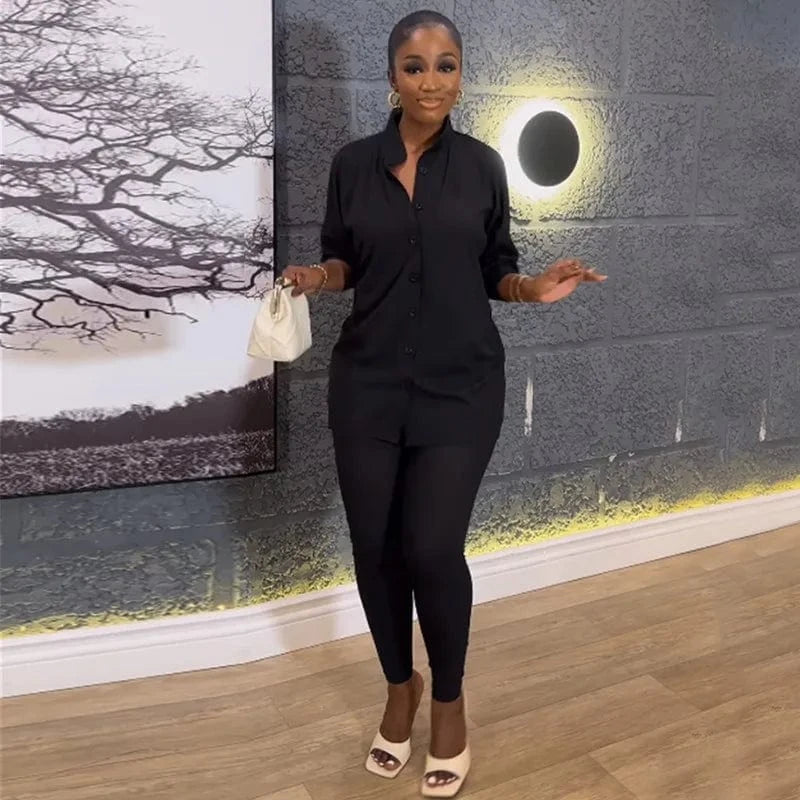 women's 2024 summer loose long sleeve shirt high waist trousers two pieces set women's clothing