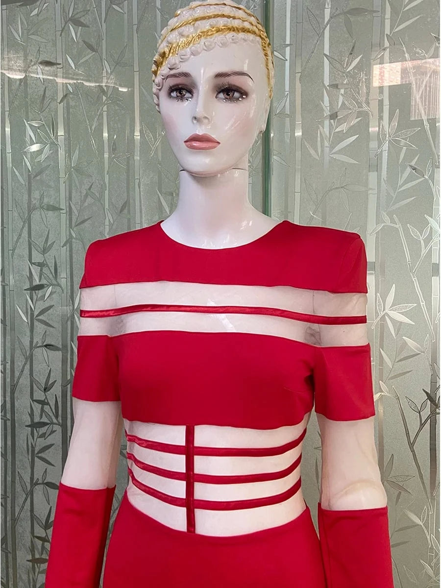 Women's 2025 Sexy Long Sleeve Mesh Ankle-Length Dress Celebrity Sheer Elegant Cut Out Details for Party Evening Club Vestido