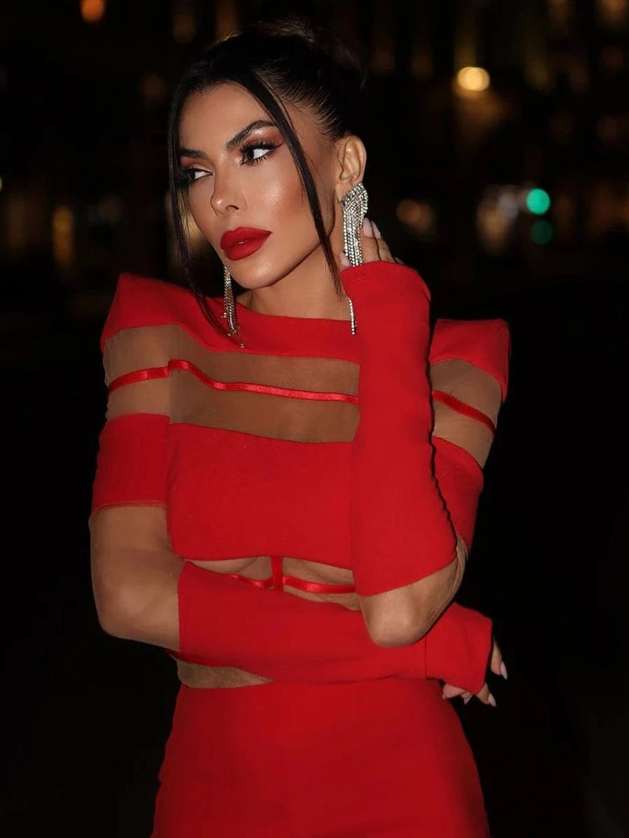 Women's 2025 Sexy Long Sleeve Mesh Ankle-Length Dress Celebrity Sheer Elegant Cut Out Details for Party Evening Club Vestido